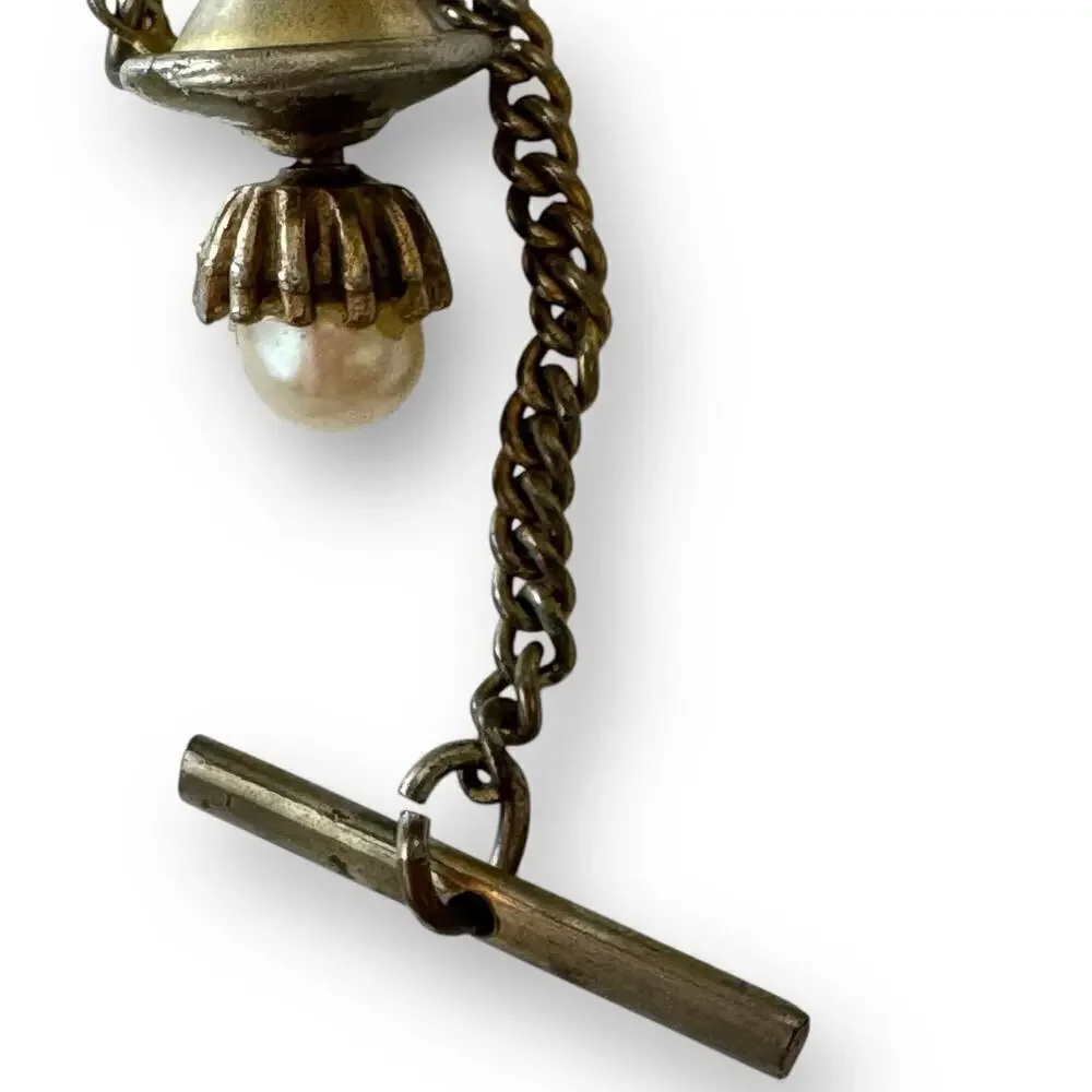 Vintage Bronze Tone Cream Pearl Brutalist Tie Tack/Pin 1950s w Chain and Bar